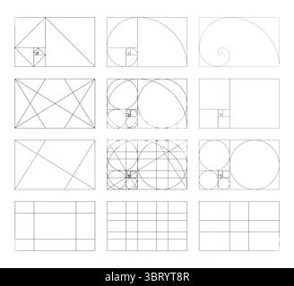 Golden Ratio Rahmen, Rechtecke. Vorlagen für goldene Abschnitte der Methode. Fibonacci-Array, Zahlen. Sammlung von Gittern für Harmonieproportionen. Gliederungsgrafik Stock Vektor