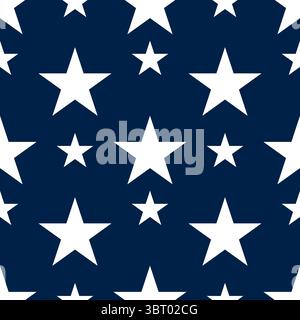 Ein sich wiederholendes Vektormuster aus weißen Sternen auf einem dunkelblauen Hintergrund, das einen auffälligen visuellen Effekt erzeugt. Stock Vektor