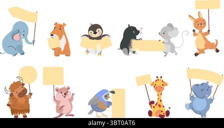 Tiere, die Banner halten. Lustiger Elefant, Pinguin, Känguru, Yal, Giraffe mit Banner. Niedliche animalistische Demonstranten, kindliches Maskottchen heutzutage Vektor-Set Stock Vektor