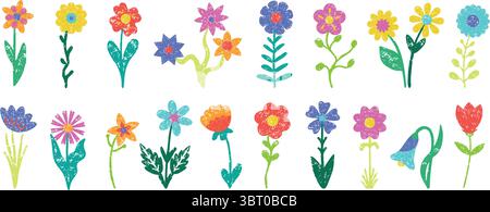 Kinder Buntstifte Blumen zeichnen. Einfache lebendige, handgezeichnete Blume mit Blättern. Isolierte Strauß-Bleistiftzeichnung, abstrakter neoterischer Vektor im kindlichen Stil Stock Vektor