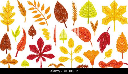 Buntstift zeichnet Herbstblätter. Blatt handgezeichneter Buntstift, saisonale Herbstpflanzen. Laub der Ahorneichenbirke, Wald Natur neoterische Vektorelemente Stock Vektor
