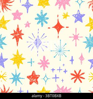 Bleistiftzeichnung Sternmuster. Ein anderer Buntstift gezeichneter Stern. Kindliches Muster für Webseitentapeten. Der neoterische Vektor des Weltraums Stock Vektor