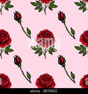 Ein nahtloses Vektormuster mit roten Rosen und Rosenknospen auf weichem rosa Hintergrund. Das Design zeigt detaillierte Illustrationen der Blumen mit Stock Vektor