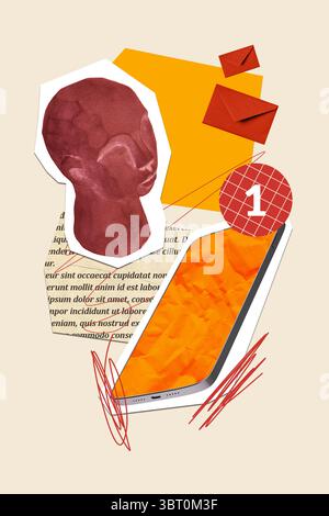 Trend-Artwork-Vorlage Design 3D-Collage Skizze der Silhouette Smartphone Benachrichtigung Steinkopf Dialog Gespräch Sprachaufkleber Zitat Stockfoto