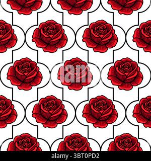 Ein nahtloses Vektormuster mit roten Rosen auf weißem Hintergrund, umrandet mit schwarzen geometrischen Formen. Das Design ist lebendig und blumig, passend Stock Vektor