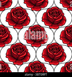 Ein nahtloses Vektormuster mit roten Rosen auf weißem Hintergrund, mit komplizierten Details und einem auffälligen schwarzen Umriss. Das Design ist elegant und elegant Stock Vektor