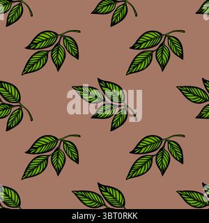 Ein nahtloses Vektormuster mit grünen Blättern auf braunem Hintergrund. Die Blätter sind mit feinen Details und einem fetten Umriss dargestellt, wodurch ein VI entsteht Stock Vektor