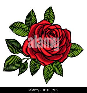 Eine leuchtende, vektorrote Rose mit komplizierten Blütenblättern und üppigen grünen Blättern, die Liebe und Schönheit symbolisieren. Das Design zeichnet sich durch markante Umrisse und ein markantes c Stock Vektor