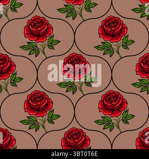 Ein nahtloses Vektormuster mit leuchtenden roten Rosen mit grünen Blättern auf braunem Hintergrund. Das Design zeigt ein klassisches Blumenmotiv, ideal für Stock Vektor