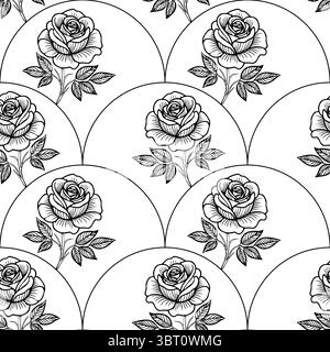 Ein nahtloses Vektormuster mit handgezeichneten Rosen mit Blättern, angeordnet in einem kreisförmigen Design auf weißem Hintergrund. Die Rosen sind schwarz umrandet Stock Vektor