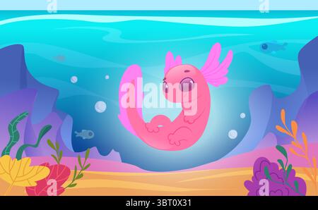 Axolotl. Zeichentrickhintergrundillustration mit niedlicher rosa Amphibien exakter Vektorvorlage Stock Vektor