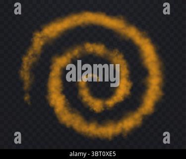 Realistischer orangefarbener Spiralrauch oder Dunst, Überlagerungseffekt auf transparentem Hintergrund. Kreisförmiger magischer Nebel, Dampf. Abstrakte Vektorillustration Stock Vektor