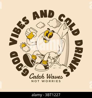 Entspannende Sommer-Cartoon-Kunst Mit Positivem Ambiente Und Strandgetränken Stock Vektor