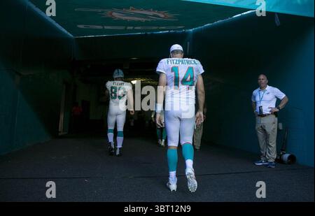8. September 2019, Miami, FL, USA: Miami Dolphins Quarterback Ryan Fitzpatrick (14) kehrt nach einer 59-10-Niederlage gegen die Baltimore Ravens am 8. September 2019 in Miami zurück. (Kreditbild: © TNS via ZUMA Wire) Stockfoto