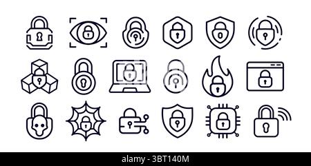 Symbole für Cyber-Sicherheitssperre festgelegt. Vorhängeschlösser, Schilde, Firewall- und Virenschutzsymbole für Virenschutz, Zugriffskontrolle, Datenschutz und Verschlüsselung Stock Vektor