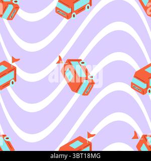 Nahtloses Food Truck-Wellenmuster. Nahtloses Muster mit Cartoon Food Trucks auf welligem lila und weißem Hintergrund. Flaches, farbenfrohes Design mit Sommeruhr Stock Vektor