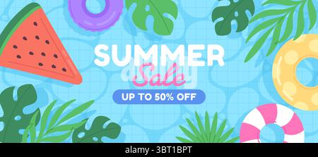 Sommerangebot Poolbanner. Wasseroberfläche, aufblasbare Matratze mit Wassermelone und Gummiringe. Zeichentrickdesign mit exotischen Blättern, rassige Vektorvorlage Stock Vektor