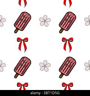 Ein verspieltes Vektormuster mit rosafarbenen Eis-Eis-Eis-Eis, roten Bögen und einfachen Blumenformen auf weißem Hintergrund. Ideal für sommerliche Designs Stock Vektor