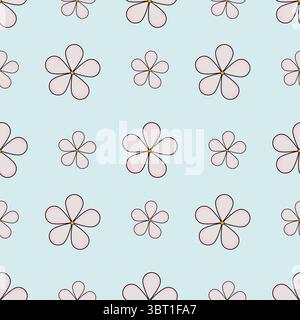 Ein nahtloses Vektormuster mit stilisierten Blumen in weichem Rosa mit Gelb zentriert auf einem hellblauen Hintergrund. Die Blüten variieren in der Größe und sind Eve Stock Vektor