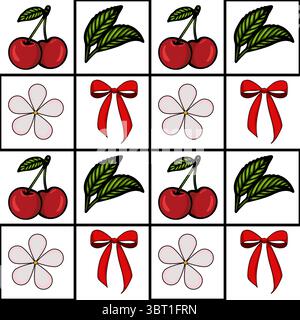 Ein Vektorraster mit dekorativen Elementen mit Kirschen, Blättern, Blumen und Bögen. Das Design ist farbenfroh und verspielt und eignet sich für verschiedene kreative Zwecke Stock Vektor