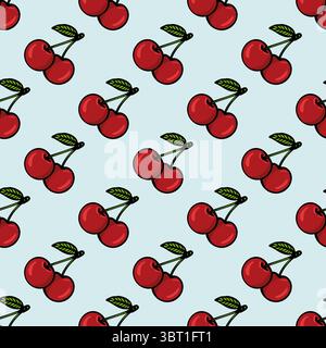 Ein nahtloses Vektormuster mit hellroten Kirschen mit grünen Blättern auf hellblauem Hintergrund. Die Kirschen sind in einem verspielten Carto dargestellt Stock Vektor