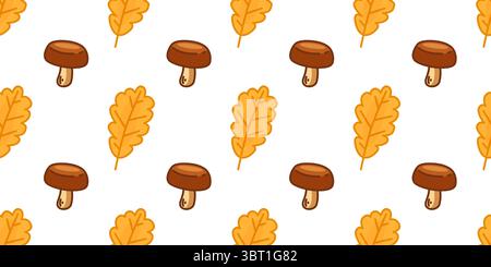 Herbstpilze Blätter Muster. Nahtloses Muster mit braunen Waldpilzen und gelben Eichenblättern. Flacher Zeichentrickstil auf weißem Hintergrund, warm autu Stock Vektor