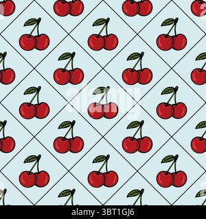 Ein nahtloses Vektormuster mit roten Kirschen mit grünen Blättern auf hellblauem Hintergrund. Die Kirschen sind in einem verspielten, cartoonischen s dargestellt Stock Vektor