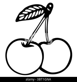 Eine einfache schwarz-weiße Illustration von zwei Kirschen, die durch einen Stamm verbunden sind, mit einem einzigen Blatt auf einer Kirsche. Stock Vektor