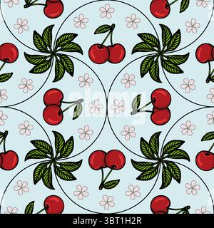 Ein nahtloses Vektormuster mit roten Kirschen, grünen Blättern und kleinen rosa Blumen auf einem hellblauen Hintergrund. Das Design ist verspielt und lebendig, Stock Vektor