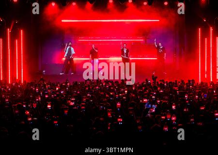 Kendall Schmidt, James Maslow, Carlos PenaVega, Logan Henderson von der amerikanischen Popmusik-Boy-Band Big Time Rush in Mailand, Italien, am 13. Juni 2024 Stockfoto