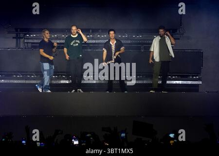 Kendall Schmidt, James Maslow, Carlos PenaVega, Logan Henderson von der amerikanischen Popmusik-Boy-Band Big Time Rush in Mailand, Italien, am 13. Juni 2024 Stockfoto