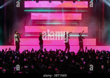Kendall Schmidt, James Maslow, Carlos PenaVega, Logan Henderson von der amerikanischen Popmusik-Boy-Band Big Time Rush in Mailand, Italien, am 13. Juni 2024 Stockfoto