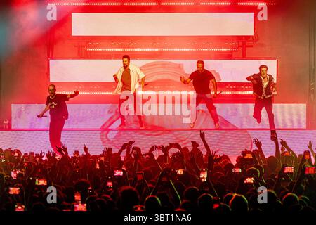 Kendall Schmidt, James Maslow, Carlos PenaVega, Logan Henderson von der amerikanischen Popmusik-Boy-Band Big Time Rush in Mailand, Italien, am 13. Juni 2024 Stockfoto