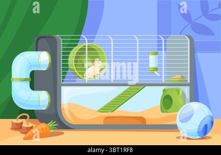 Hamsterkäfig. Hamster Haus Cartoon Hintergrund Raum Innenraum, nette Hausratte Haustier Haus Tiernahrung Wasser und Spielzeug laufendes Rad flauschige Nagetier Gerbil, saubere Vektor Illustration Original Kunstwerk Stock Vektor