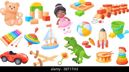 Zeichentrickspielzeug. Kind Baby Spielzeug, Plüschbär nette Kind Puppe kindish Auto Dinosaurier Holzblock Ball Kleinkind Spielplatz Spiele Kindergarten Spaß Spiel Spiel Set, saubere Vektor Illustration Original Artwork Stock Vektor