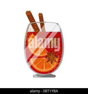 Set Glühweinbecher mit Orangenscheiben, Anis und Zimtstangen. Heißes Herbstgetränk. Vektorillustration auf weißem Hintergrund Stock Vektor