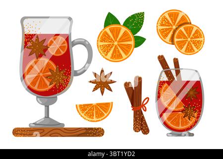 Set Glühweinbecher mit Orangenscheiben, Anis und Zimtstangen. Heißes Herbstgetränk. Vektorillustration auf weißem Hintergrund Stock Vektor