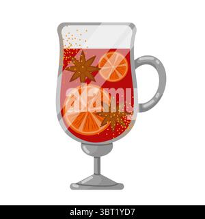 Set Glühweinbecher mit Orangenscheiben, Anis und Zimtstangen. Heißes Herbstgetränk. Vektorillustration auf weißem Hintergrund Stock Vektor