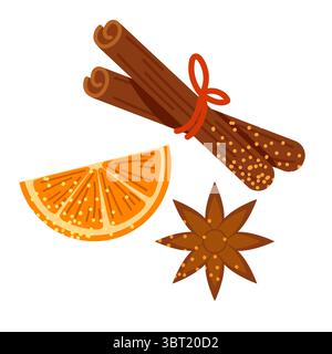 Set Glühweinbecher mit Orangenscheiben, Anis und Zimtstangen. Heißes Herbstgetränk. Vektorillustration auf weißem Hintergrund Stock Vektor