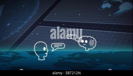 Anzeige von Kopf- und KI-Hirnsymbolen, Austausch von Dialogen in der virtuellen Kartenoberfläche mit Rasterüberlagerung Stockfoto
