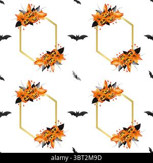 Nahtloses Halloween-Muster mit Kürbissen, abstrakten orangen und schwarzen Blumen, Blättern und goldenen Rahmen auf weißem Hintergrund. Handgezeichnete Aquarellillustration für festliche Dekoration, Textilien und Verpackung. Stockfoto