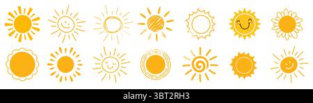 Niedliche Doodle-Sonnenkollektion. Handgezeichnetes Illustrationsset Stock Vektor