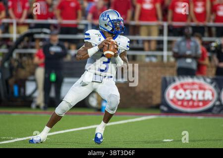 21. September 2019: Der Hampton Pirates Quarterback Deondre Francois (3) kehrt zurück und sucht einen offenen Empfänger während der NCAA-Football-Action zwischen den Hampton Pirates und den Liberty Flames im Williams Stadium in Lynchburg, VA. Jonathan Huff/CSM.(Credit Image: &Copy; Jonathan Huff/CSM via ZUMA Wire) Stockfoto