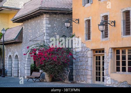 Alte französische Straße mit Bougainvillea und Vintage Straßenlampen, ästhetischer europäischer Stadthintergrund mit Steinhäusern und altem Charme Stockfoto