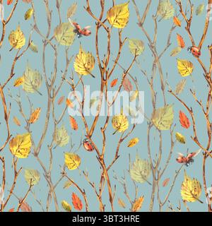 Hand gezeichnetes nahtloses Herbstmuster mit gelben und orangen Birkenblättern, Marienkäfern und Zweigen auf blauem, türkisfarbenem Hintergrund. Aquarellabbildung Stockfoto