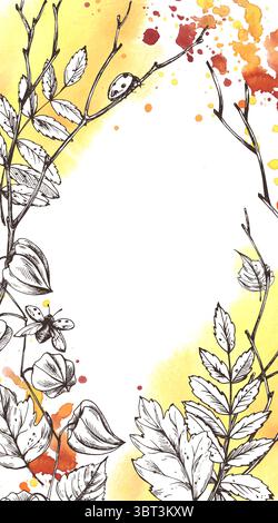 Ein hoher vertikaler Blumenrahmen mit Physalis, Blättern und Zweigen in einer lebhaften Herbstpalette, basierend auf einem handgezeichneten Illustrationsstil mit Stock Vektor