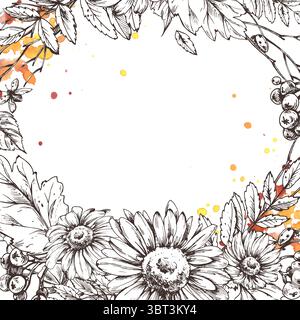 Quadratischer Herbstrahmen mit Sonnenblumen und Aquarellspritzern. Erstellt in handgezeichneter Illustrationstechnik mit feiner Strichgrafik und warm Stock Vektor