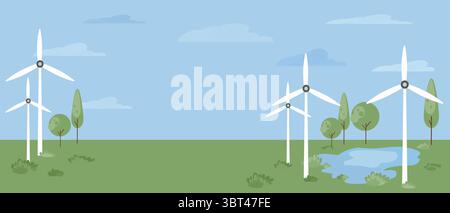 Vektor-Eco-Banner mit Windturbinen und grüner Landschaft Stock Vektor