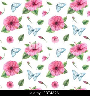 Blaue Schmetterlinge flattern zwischen rosa chinesischen Hibiskusblüten Aquarell nahtloses Muster isolierter Hintergrund. Handgemalte Sommer-Illustration Stockfoto