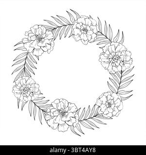 Ringelblumen und Blätter einfarbigen Vektorkranz mit leerem Platz für Text. Schwarzes und weißes Symbol für Dia de Muertos-Karten Stock Vektor